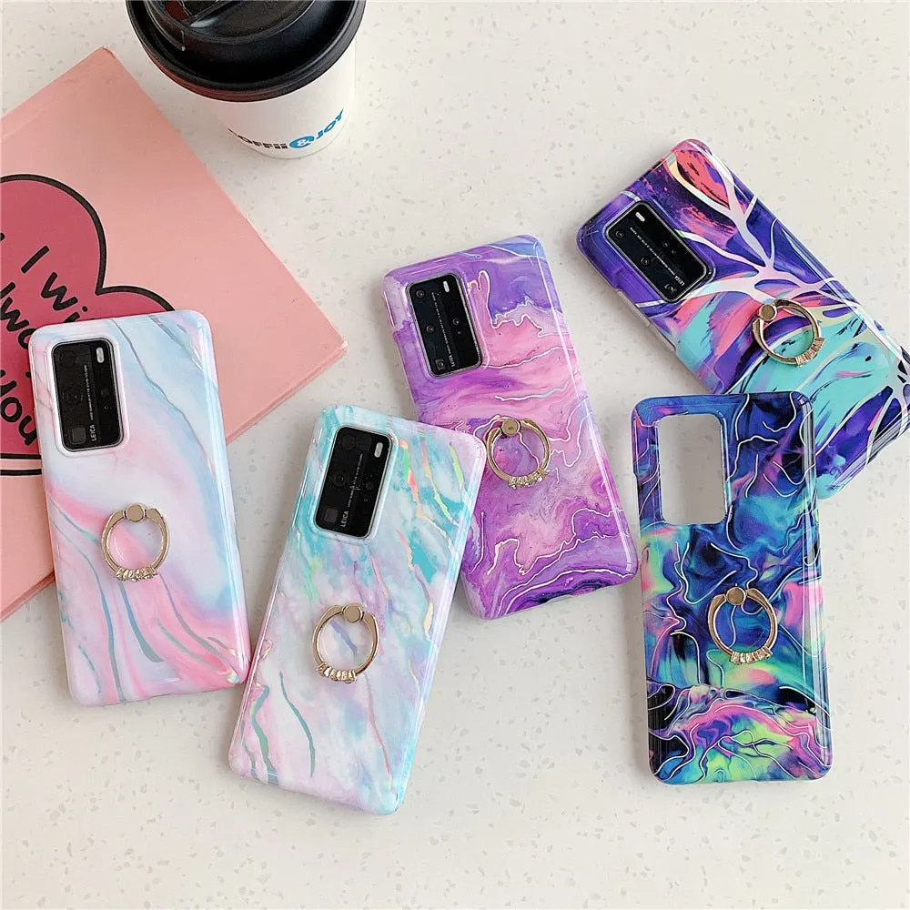 Anymob Samsung Blue And Pink Marble Finger Ring Phone Case Soft Silicon Cover