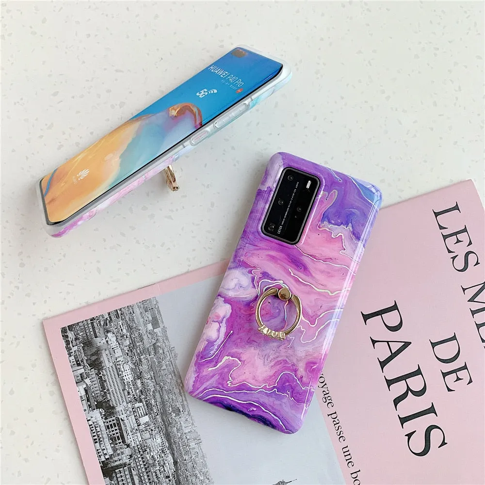 Anymob Samsung Blue And Pink Marble Finger Ring Phone Case Soft Silicon Cover