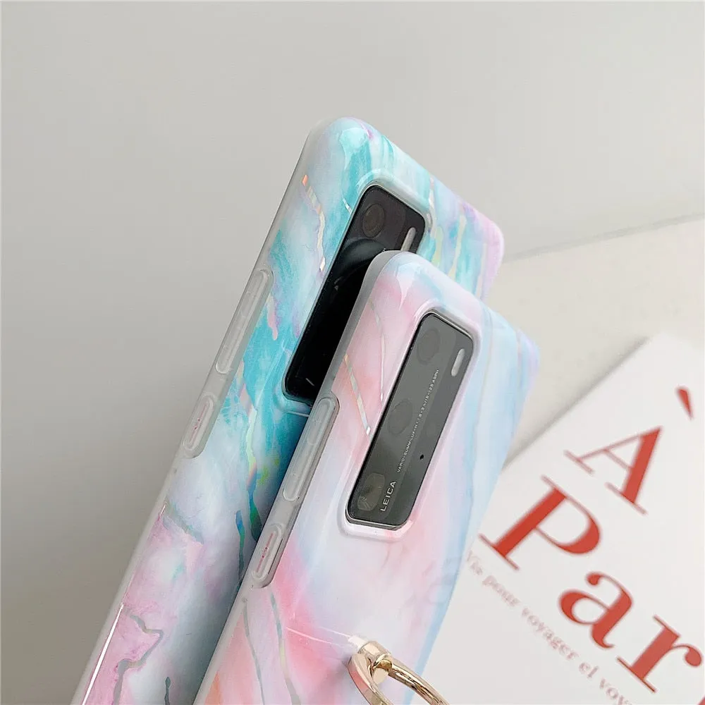 Anymob Samsung Blue And Pink Marble Finger Ring Phone Case Soft Silicon Cover