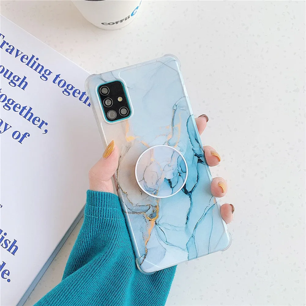 Anymob Samsung Case Gold Glitter and Ocean Blue Marble With Finger Ring Holder Silicone Phone Cover