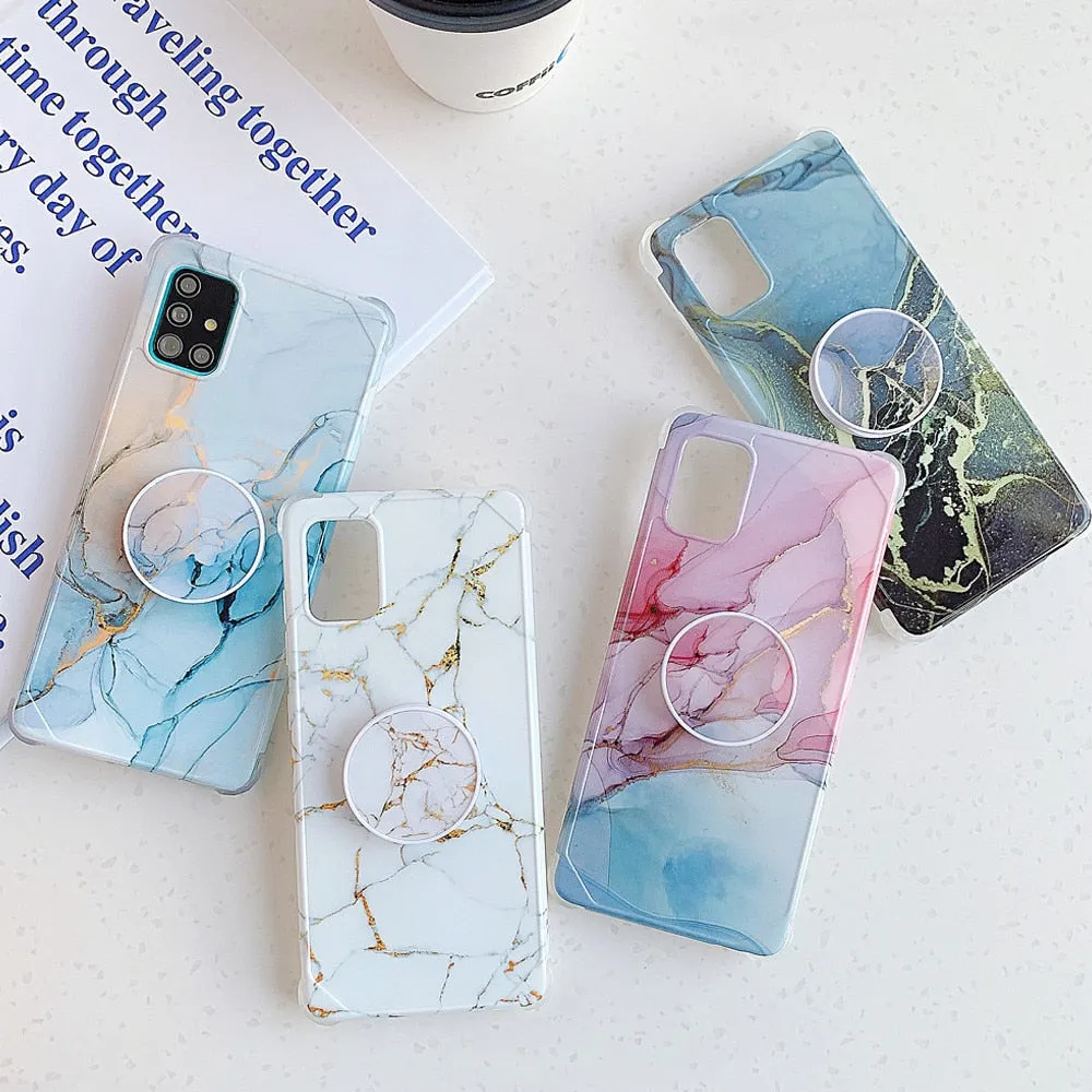Anymob Samsung Case Gold Glitter and Ocean Blue Marble With Finger Ring Holder Silicone Phone Cover