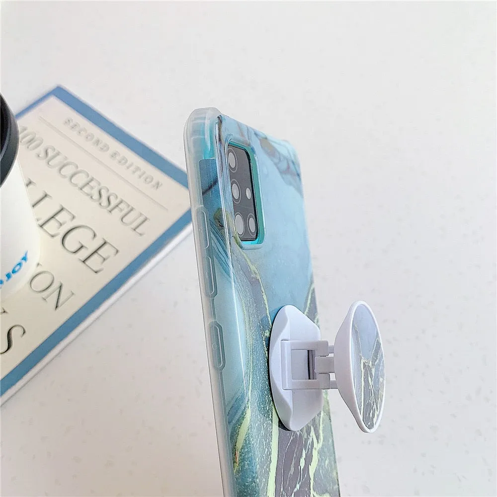 Anymob Samsung Case Gold Glitter and Ocean Blue Marble With Finger Ring Holder Silicone Phone Cover