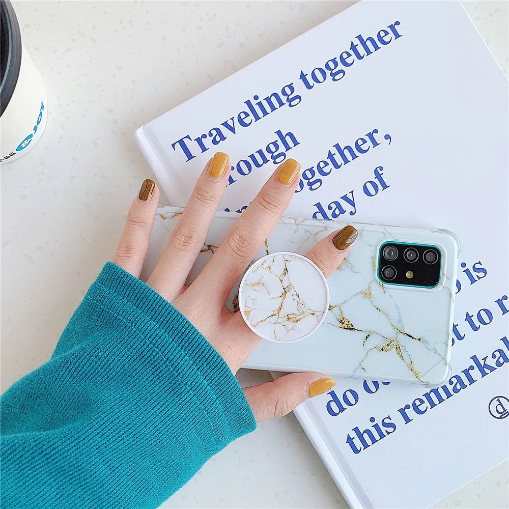 Anymob Samsung Case Gold Glitter and Ocean Blue Marble With Finger Ring Holder Silicone Phone Cover