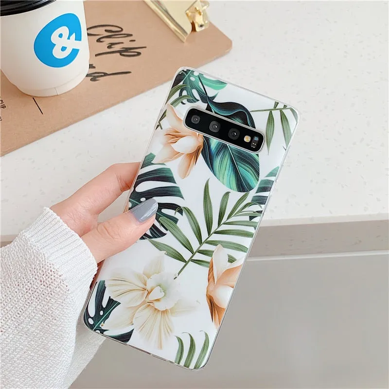 Anymob Samsung Case Peach Color Design Art Leaf Flower Silicon Without Holder Stand Phone Cover