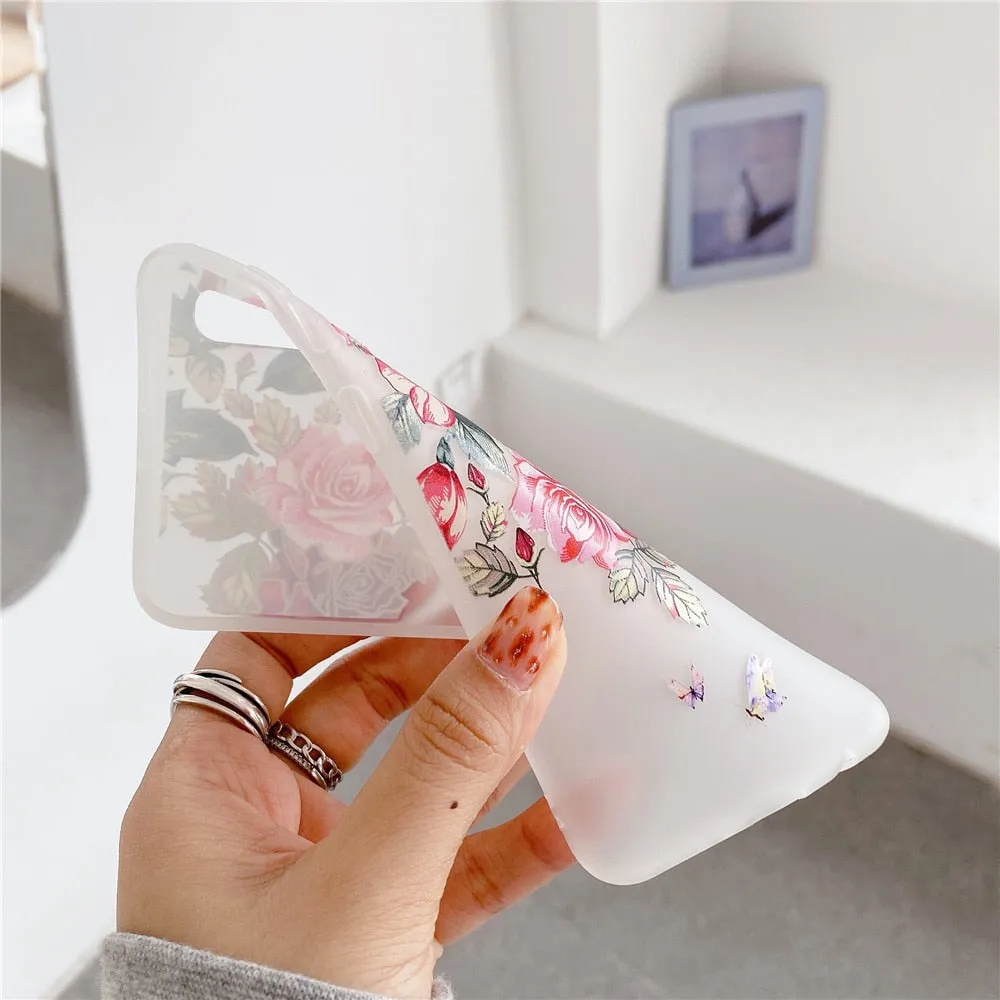 Anymob Samsung Case Pink Flower Vintage Relief Flower Phone Matte Soft Silicone Back Cover