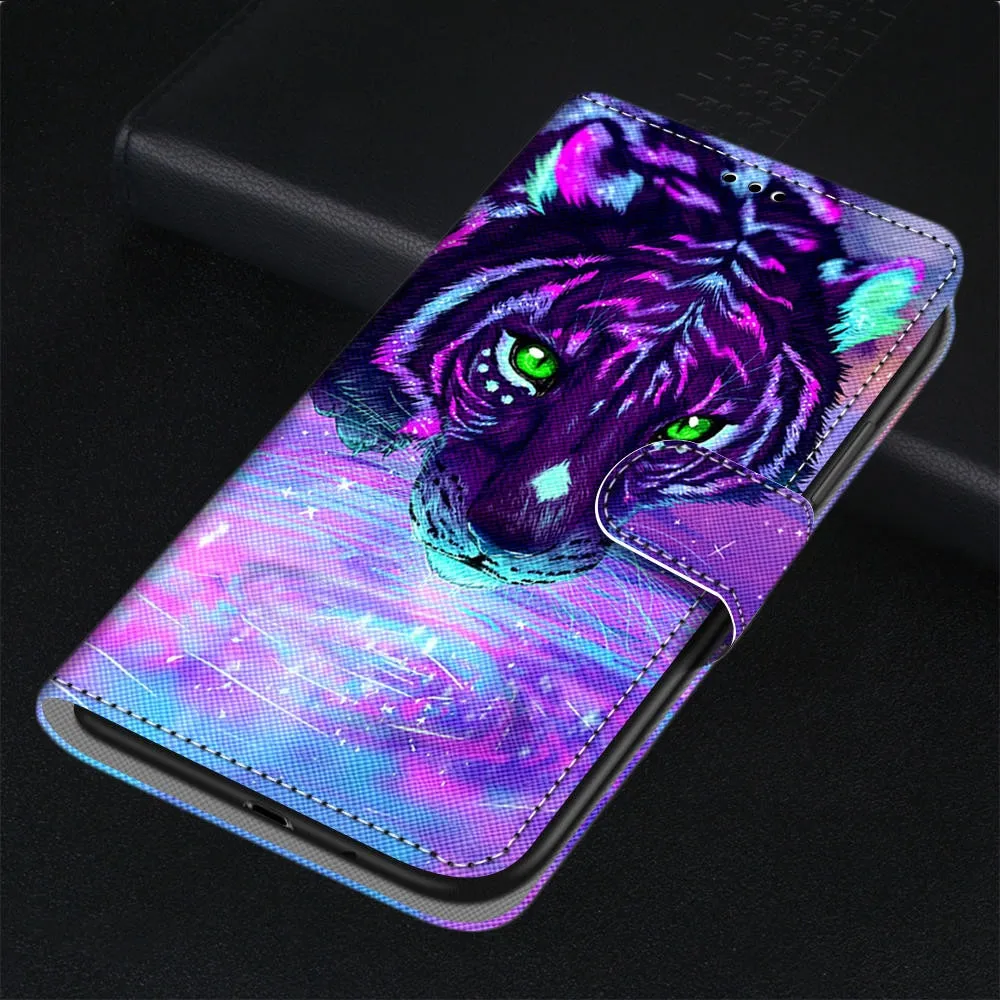 Anymob Samsung Case Purple Cheetah Painted Magnetic Flip Leather Card slot Wallet Book Style Cover