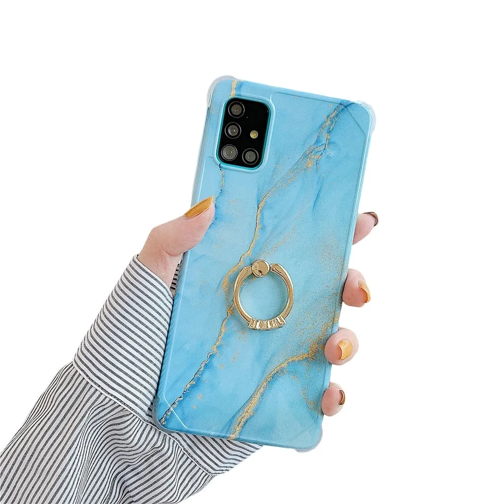Anymob Samsung Gold And Blue Marble Ring Holder Case Silicone Shockproof Cover