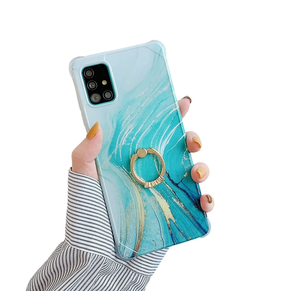 Anymob Samsung Gold And Ocean Green Marble Ring Holder Case Silicone Shockproof Cover