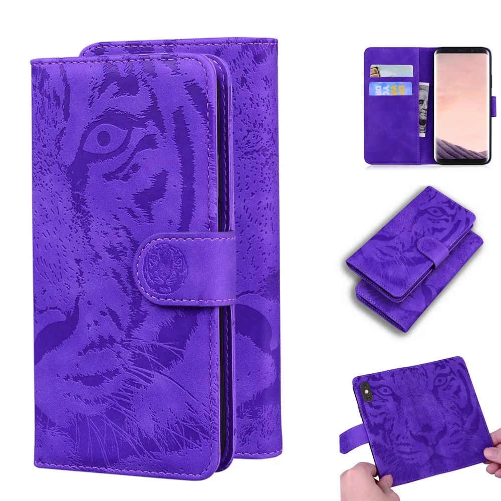 Anymob Samsung Phone Case Red Velvet Leather Flip Fashion Luxurious Tiger Embossed Cover