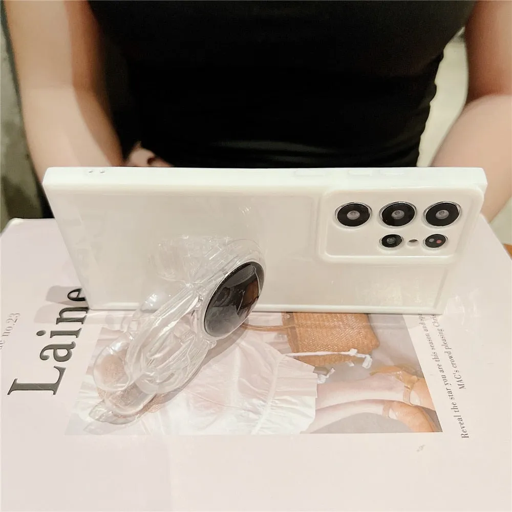 Anymob Samsung Pink Folding Cartoon Astronaut Stand Phone Case Soft Silicone Frame Shockproof Bumper Cover