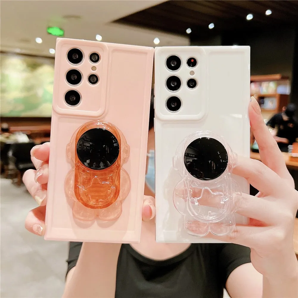 Anymob Samsung Pink Folding Cartoon Astronaut Stand Phone Case Soft Silicone Frame Shockproof Bumper Cover