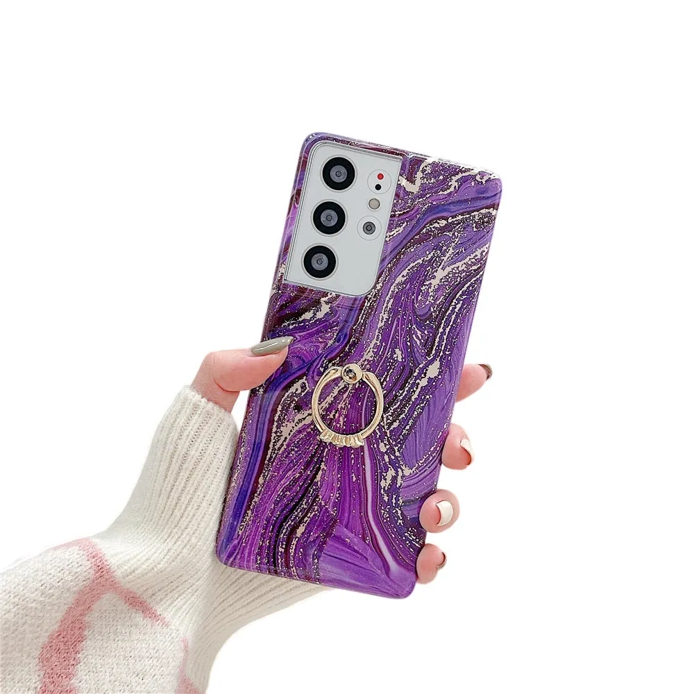 Anymob Samsung Violet Silicon Case Glitter Marble Finger Ring Bracket Holder Phone Cover