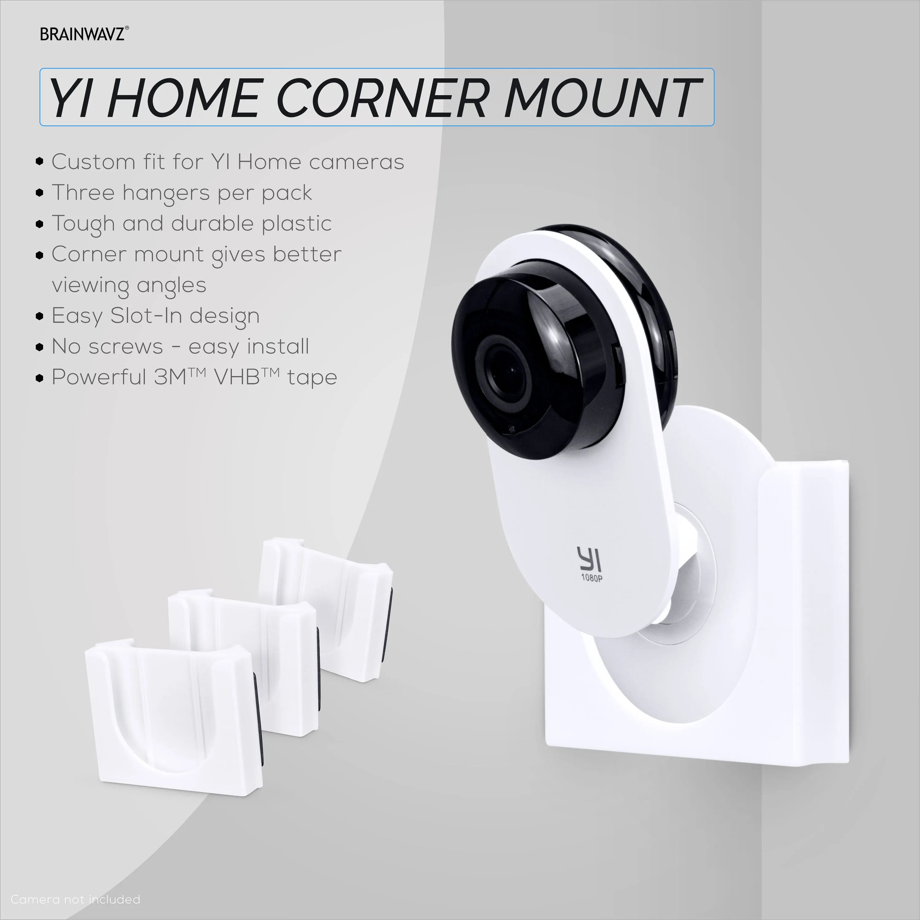 Strong Adhesive White Corner Wall Mount Bracket for YI Home Security Camera (3 Pack) - Hassle-Free, Screwless Installation with 3M VHB Tape