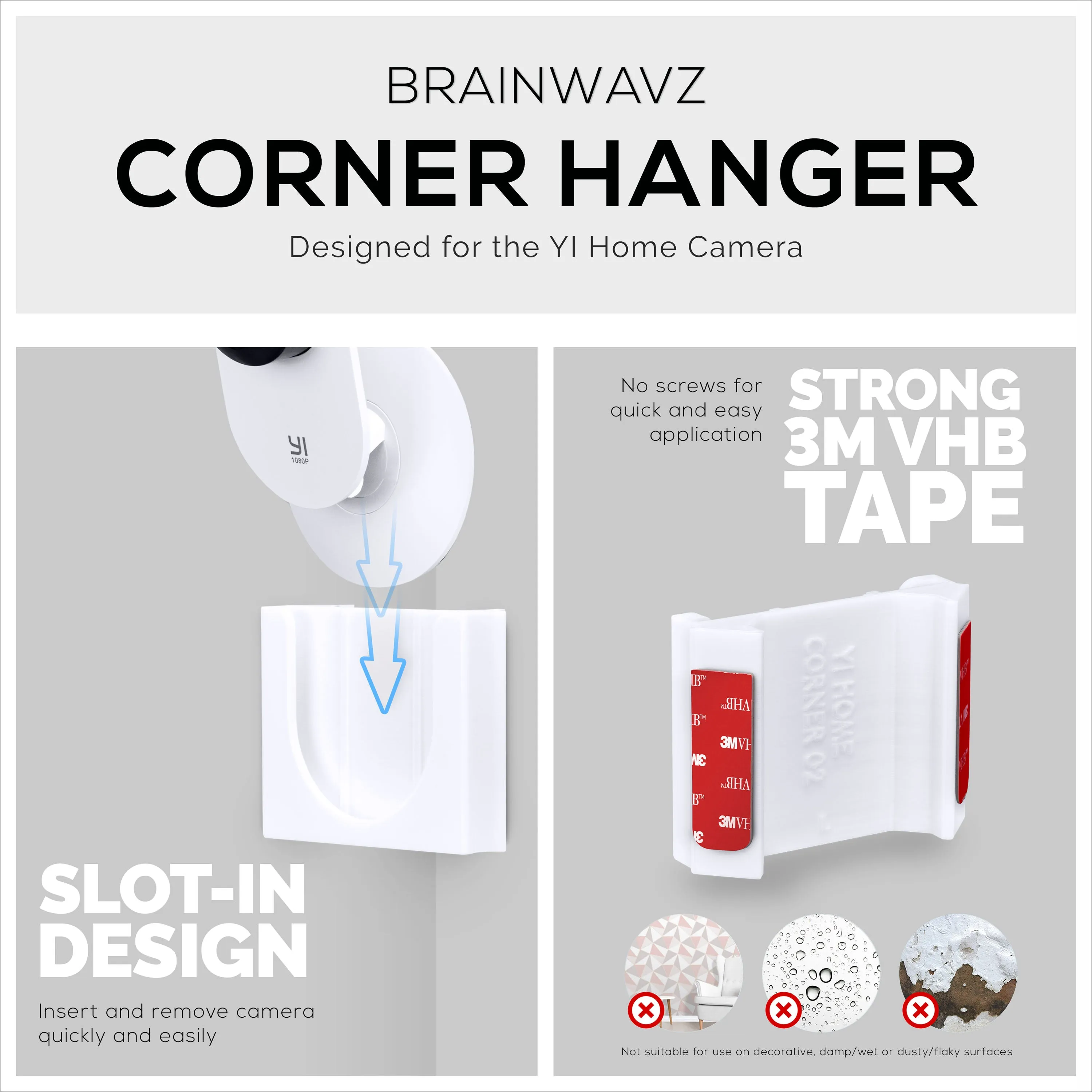 Strong Adhesive White Corner Wall Mount Bracket for YI Home Security Camera (3 Pack) - Hassle-Free, Screwless Installation with 3M VHB Tape