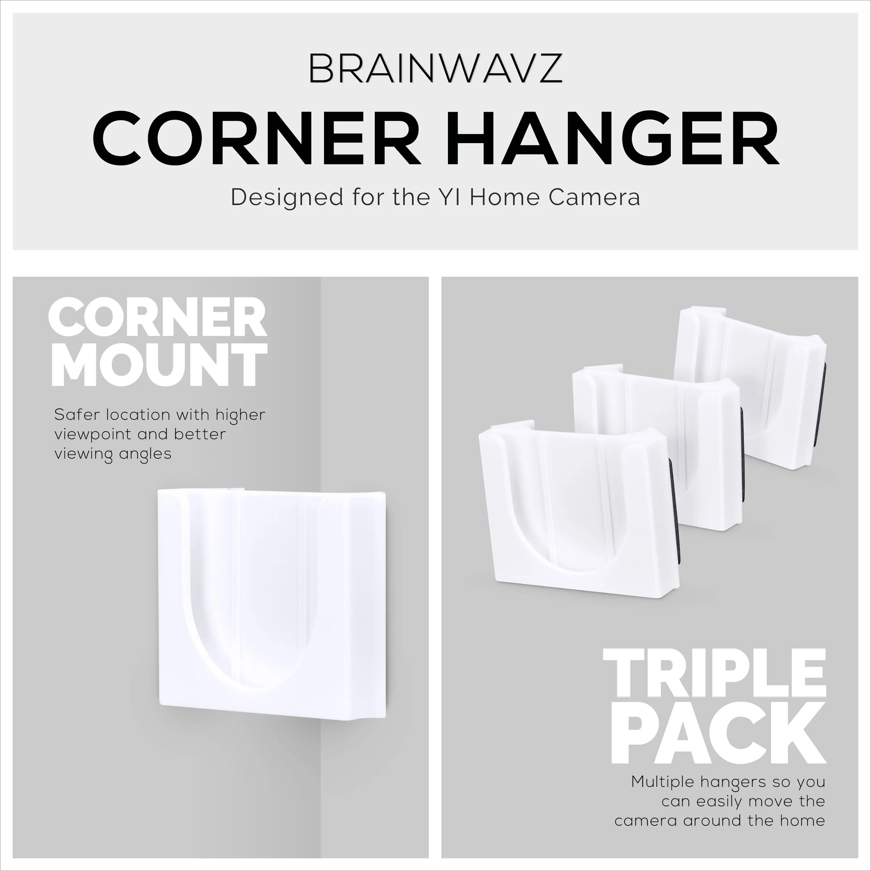 Strong Adhesive White Corner Wall Mount Bracket for YI Home Security Camera (3 Pack) - Hassle-Free, Screwless Installation with 3M VHB Tape