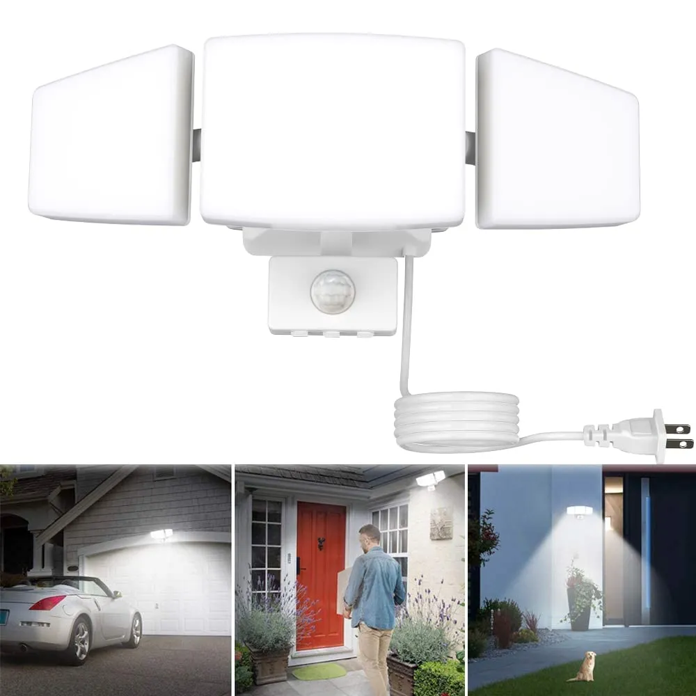 Depuley 35W Plug-In Motion Sensor Light Outdoor, Exterior LED Security Lights Fixture with 3 Adjustable Heads, Detector Flood Light for Garage Yard Porch Patio IP65 Waterproof, 6500K