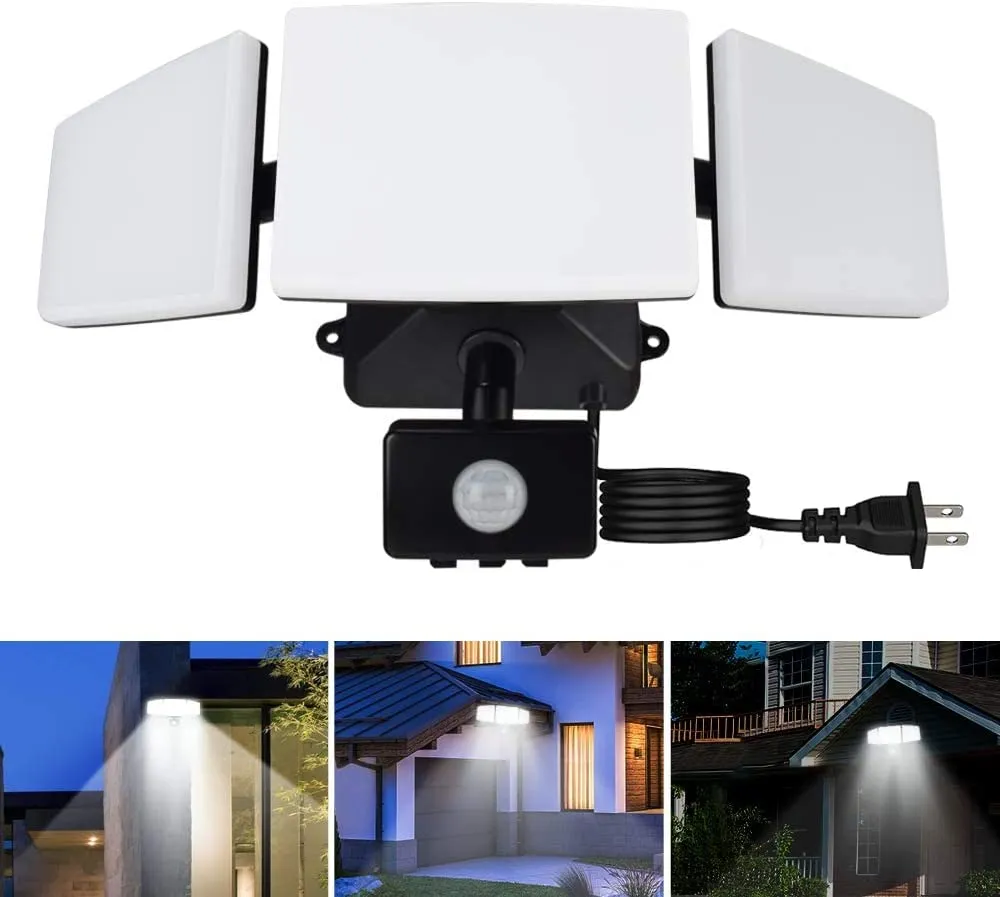 Depuley 35W Plug in Motion Sensor Light Outdoor, LED Motion Security Lights with 3 Adjustable Heads, IP65 Waterproof Exterior Detected Flood Light for Garage, Yard, Porch, Patio, 6500k