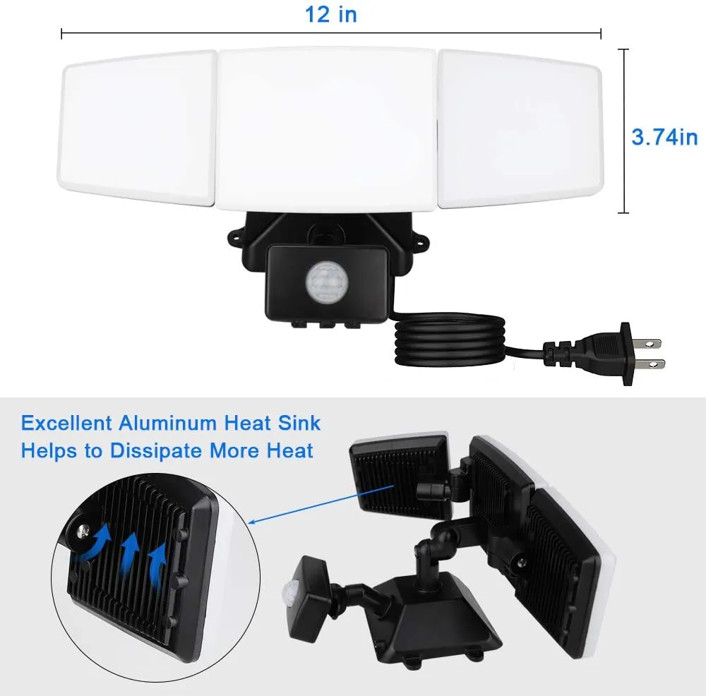 Depuley 35W Plug in Motion Sensor Light Outdoor, LED Motion Security Lights with 3 Adjustable Heads, IP65 Waterproof Exterior Detected Flood Light for Garage, Yard, Porch, Patio, 6500k