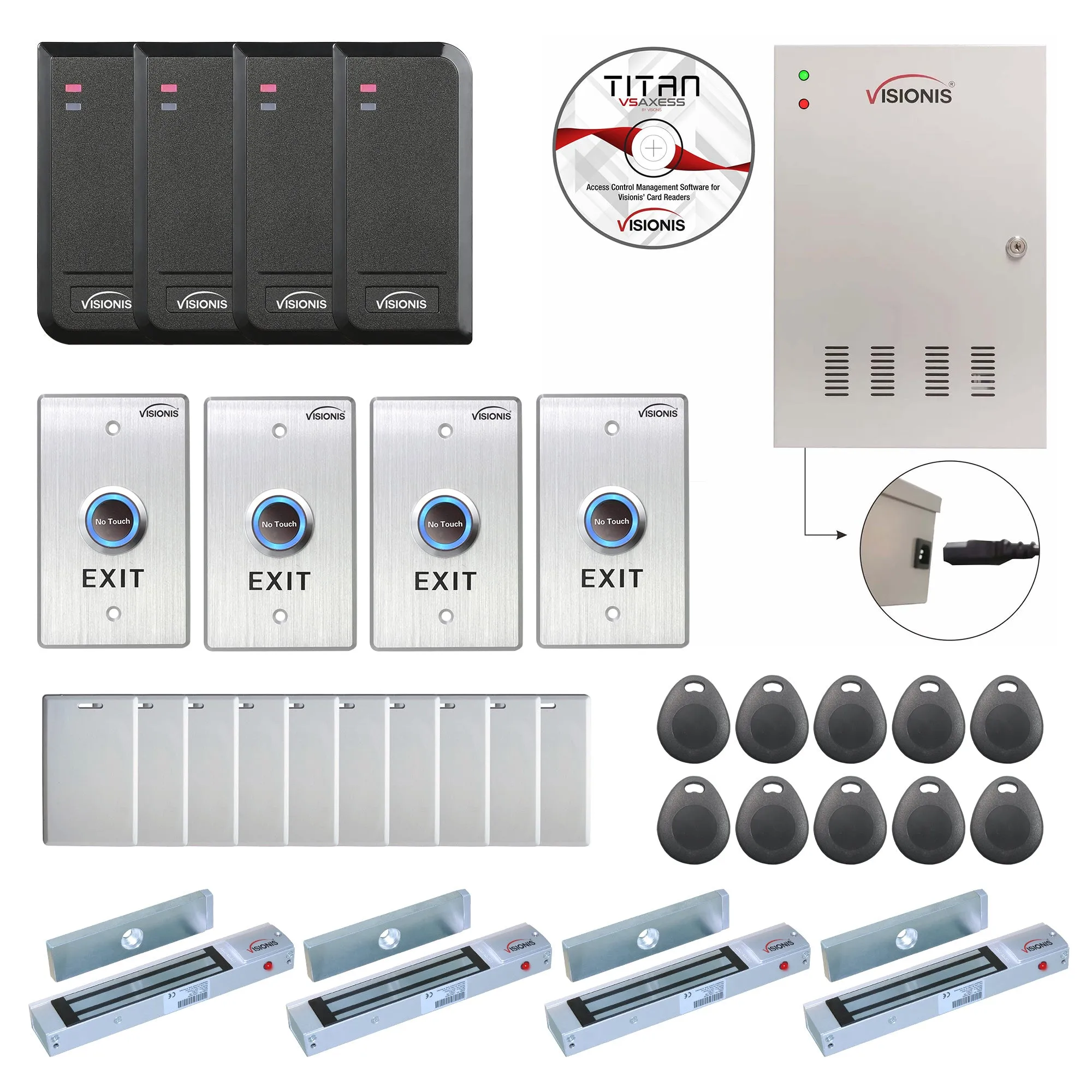 FPC-6203 Four Doors Access Control, Outswing Door 300lbs Electromagnetic Lock Controller Box, Indoor/Outdoor Card Reader   Software Included   20,000 Users Kit