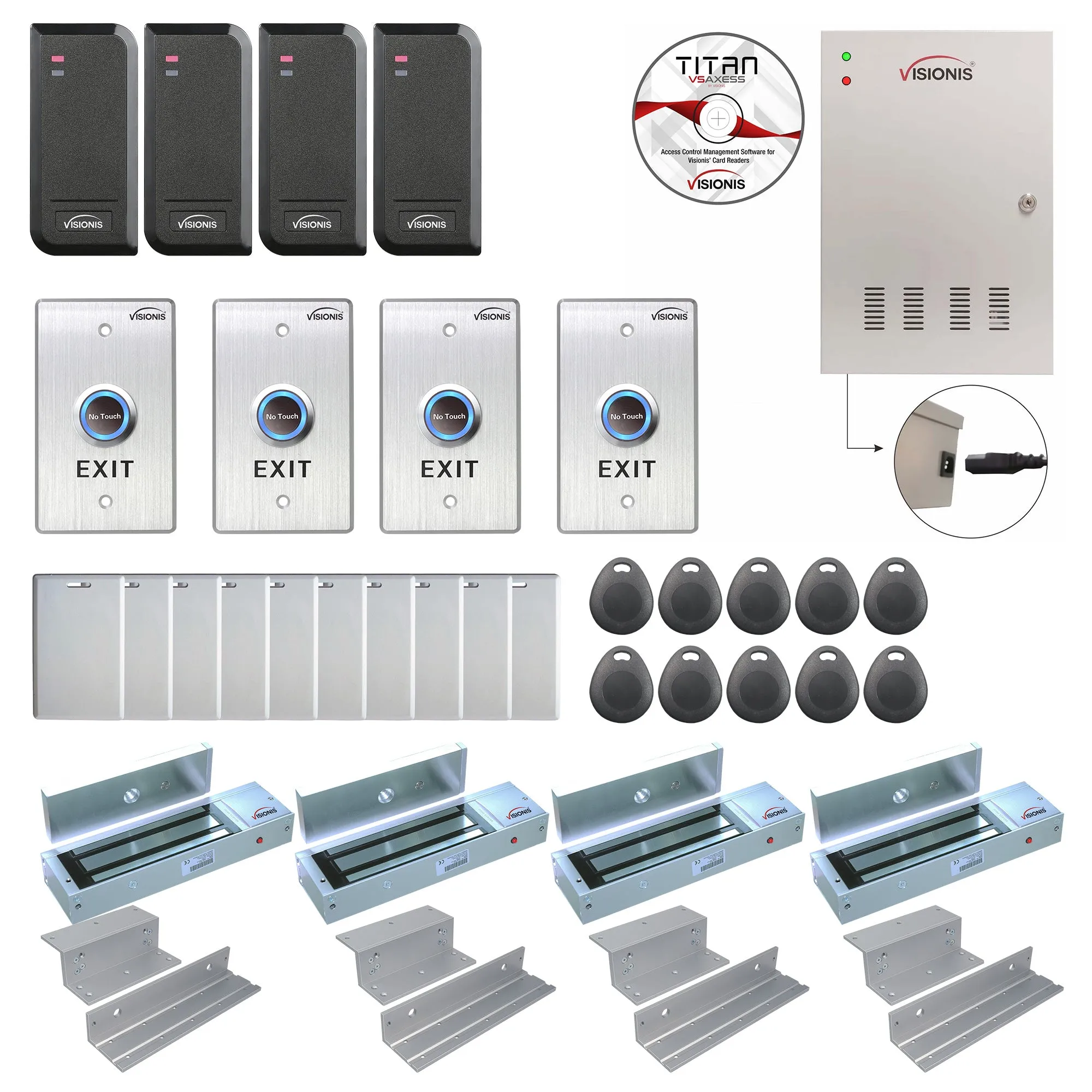 FPC-6208 Four Doors Access Control TCP/IP Wiegand For In Swing Door Electric 1200lbs Mag Lock Controller Box   Black Indoor/Outdoor Card Reader   Software Included   20,000 Users Kit