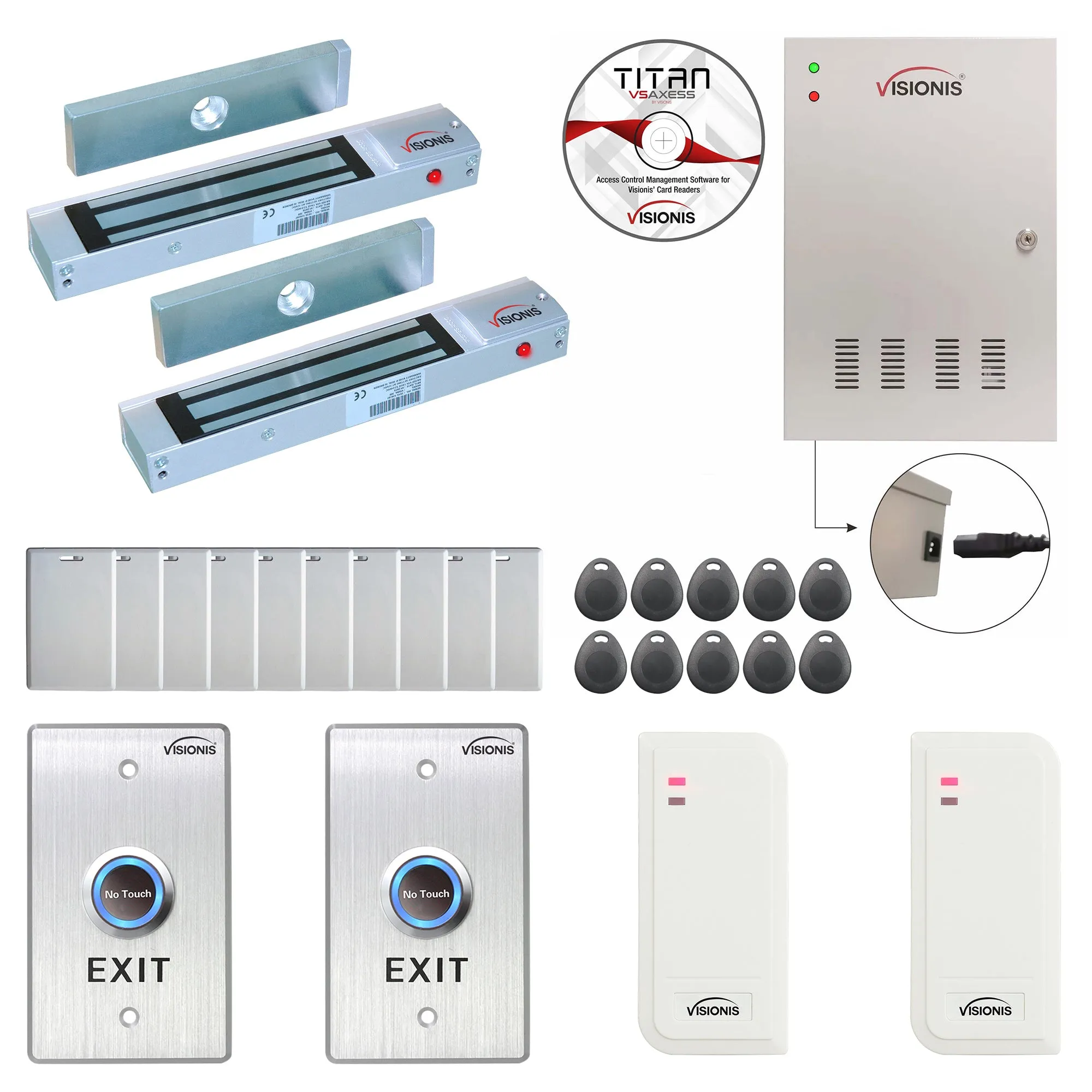 FPC-6477 Two Doors Access Control For Out Swing Door Electric 300lbs Mag Lock Time Attendance TCP/IP   Power Supply   White Indoor/Outdoor Card Reader   Software Included   20,000 Users Kit
