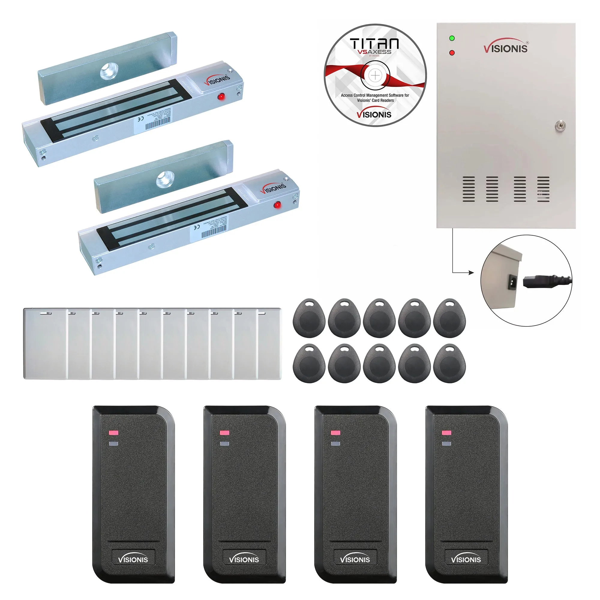 FPC-8526 Two Doors Access Control Out Swing Door 300lbs Mag Lock Time Attendance   Entry And Exit Card Readers For Indoor/Outdoor Use   Software Included   20,000 Users Kit