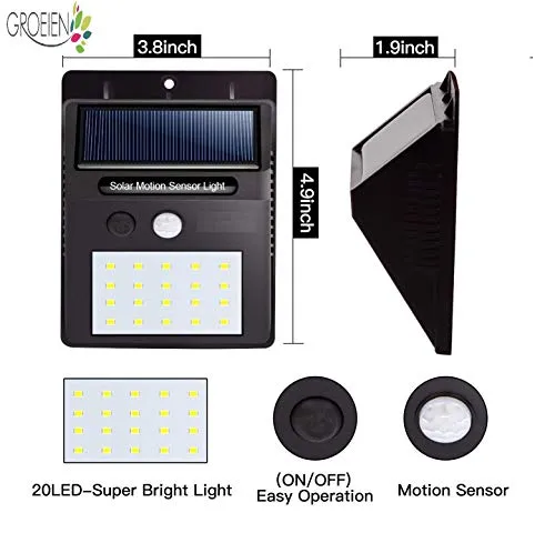 Groeien® Waterproof Bright Solar Wireless Security Motion Sensor 20 LED Night Light for Outdoor/Garden Wall (Black)(pack of 4)