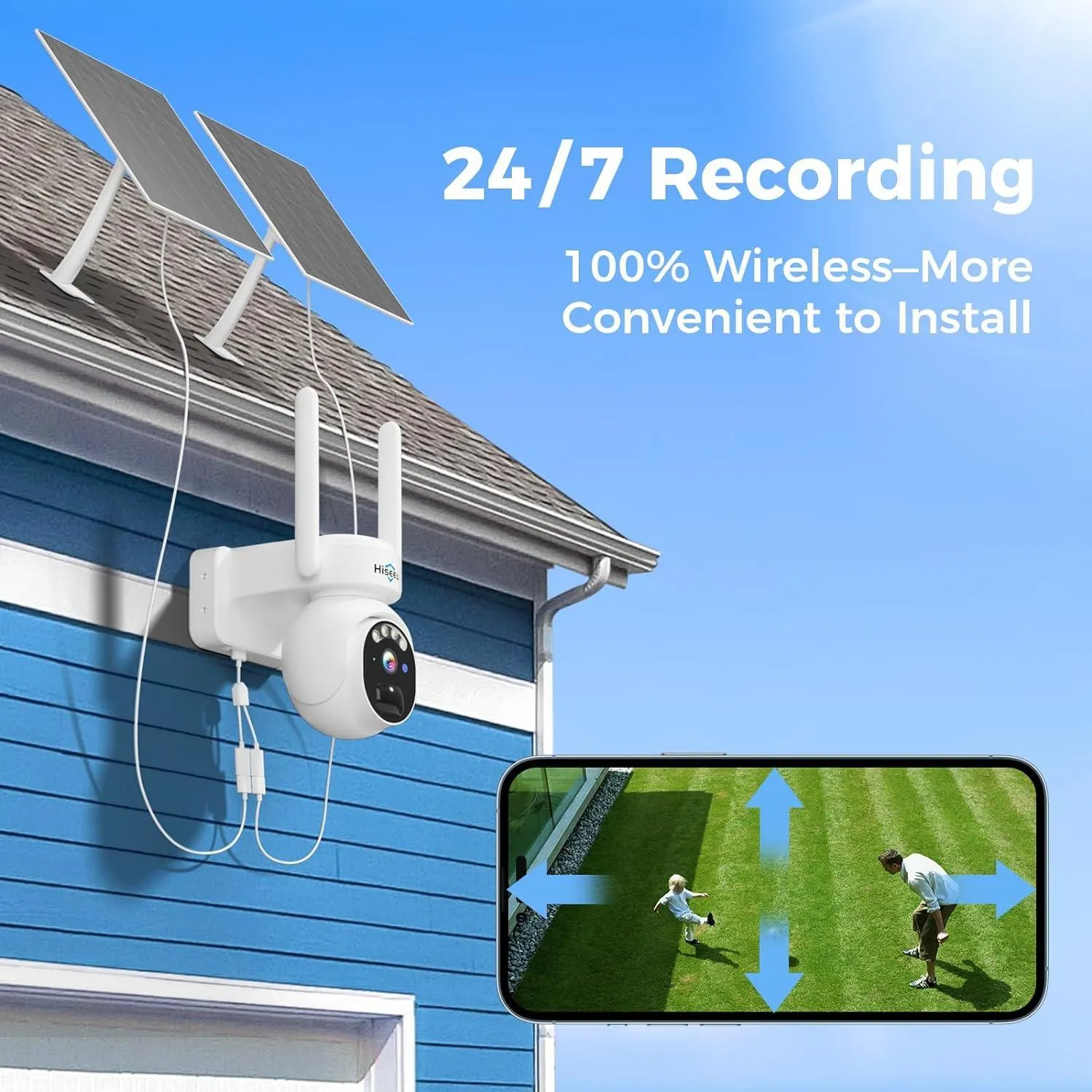 Hiseeu Solar Camera Outdoor, 4MP Wireless Battery Camera, PTZ 360° View, PIR Motion Detection, Color Night Vision, IP66, 2-Way Audio, 2.4G WiFi, No Monthly Fee