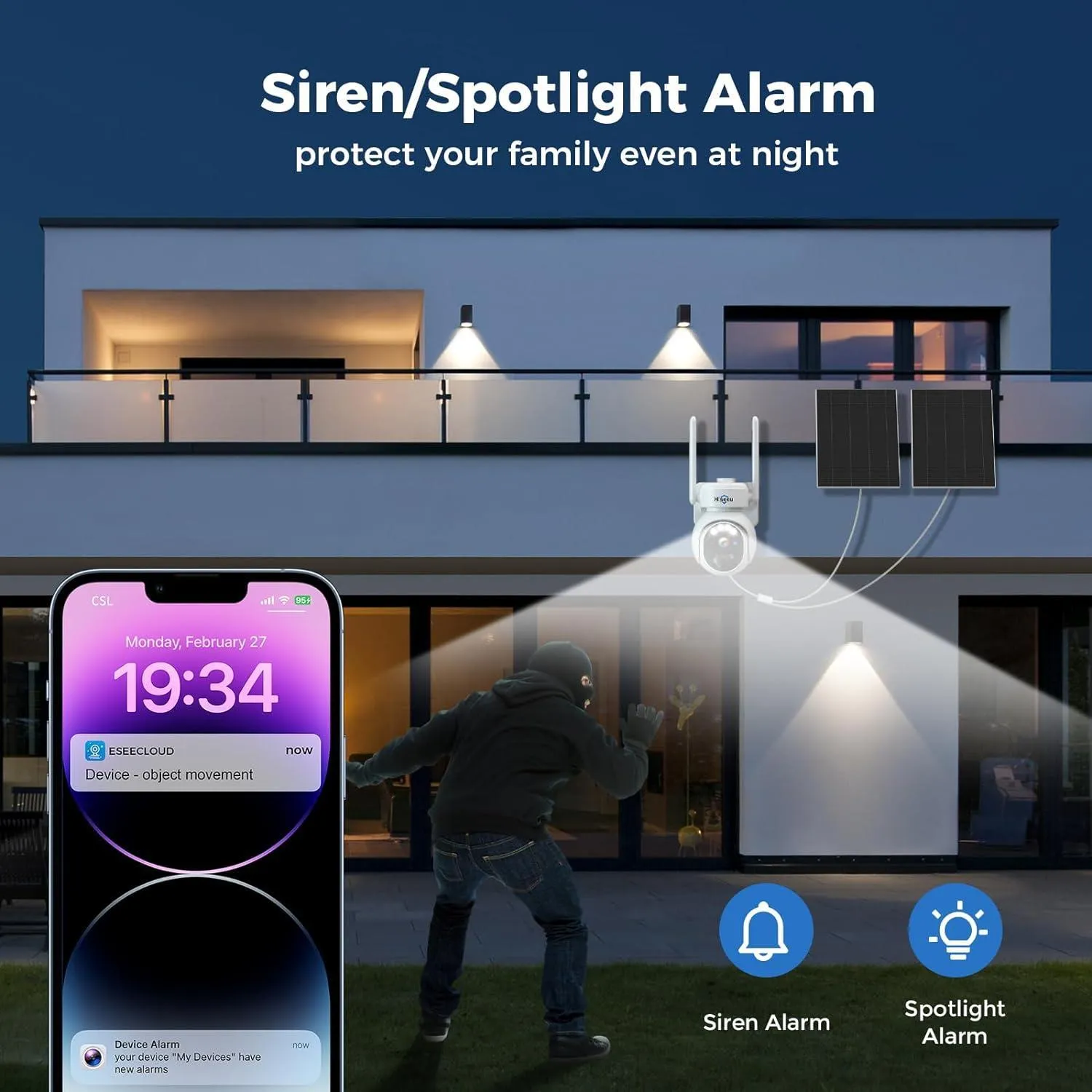 Hiseeu Solar Camera Outdoor, 4MP Wireless Battery Camera, PTZ 360° View, PIR Motion Detection, Color Night Vision, IP66, 2-Way Audio, 2.4G WiFi, No Monthly Fee