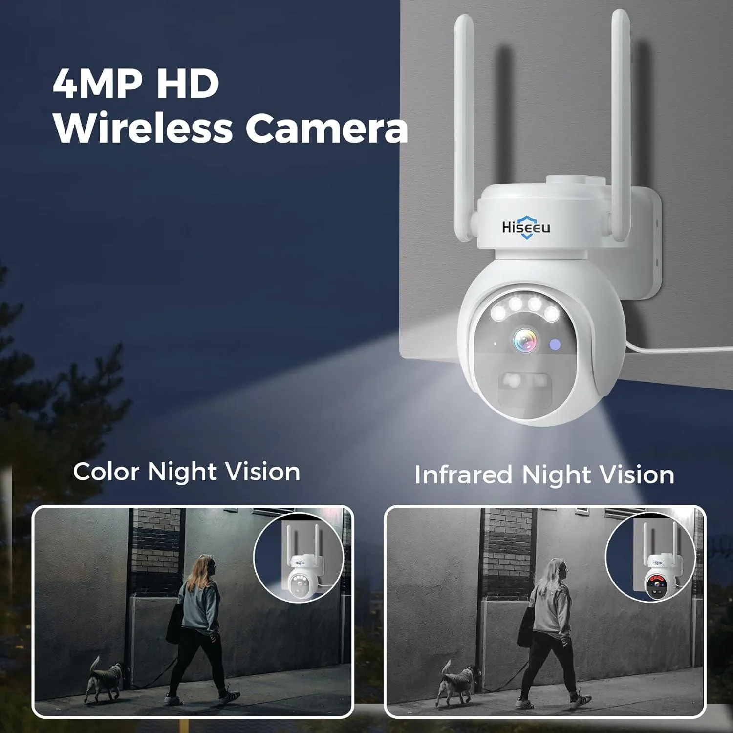 Hiseeu Solar Camera Outdoor, 4MP Wireless Battery Camera, PTZ 360° View, PIR Motion Detection, Color Night Vision, IP66, 2-Way Audio, 2.4G WiFi, No Monthly Fee