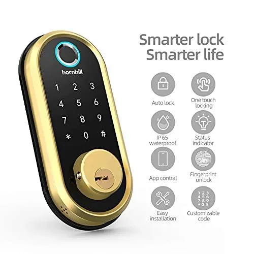 hornbill Smart Lock Deadbolt, Fingerprint Door Lock with Touchscreen Keypad, Bluetooth Electronic Keyless Entry Door Lock, Featuring Auto Lock, APP Control, Works with Alexa, Google Assistant