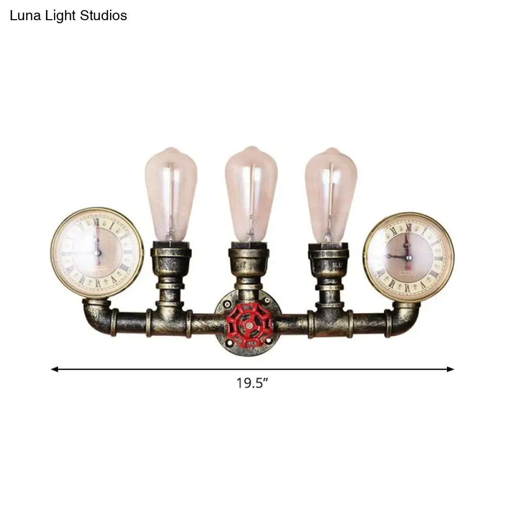Industrial Wall Mount Light: Bronze Pipe Warehouse Style Iron 3-Light Dining Room Lamp with Pressure Gauge and Valve Deco