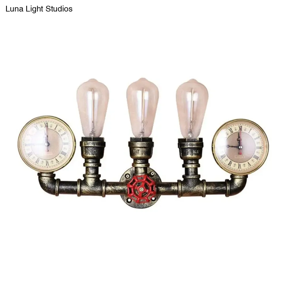 Industrial Wall Mount Light: Bronze Pipe Warehouse Style Iron 3-Light Dining Room Lamp with Pressure Gauge and Valve Deco