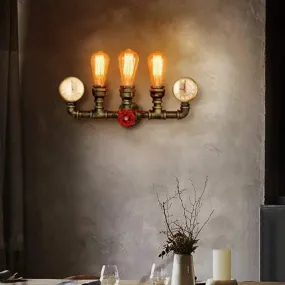 Industrial Wall Mount Light: Bronze Pipe Warehouse Style Iron 3-Light Dining Room Lamp with Pressure Gauge and Valve Deco