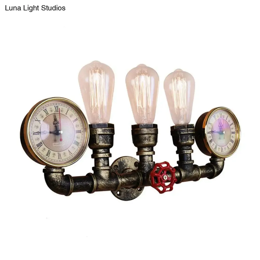 Industrial Wall Mount Light: Bronze Pipe Warehouse Style Iron 3-Light Dining Room Lamp with Pressure Gauge and Valve Deco