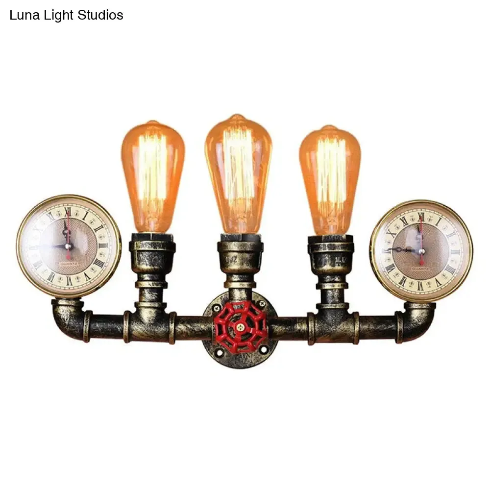 Industrial Wall Mount Light: Bronze Pipe Warehouse Style Iron 3-Light Dining Room Lamp with Pressure Gauge and Valve Deco