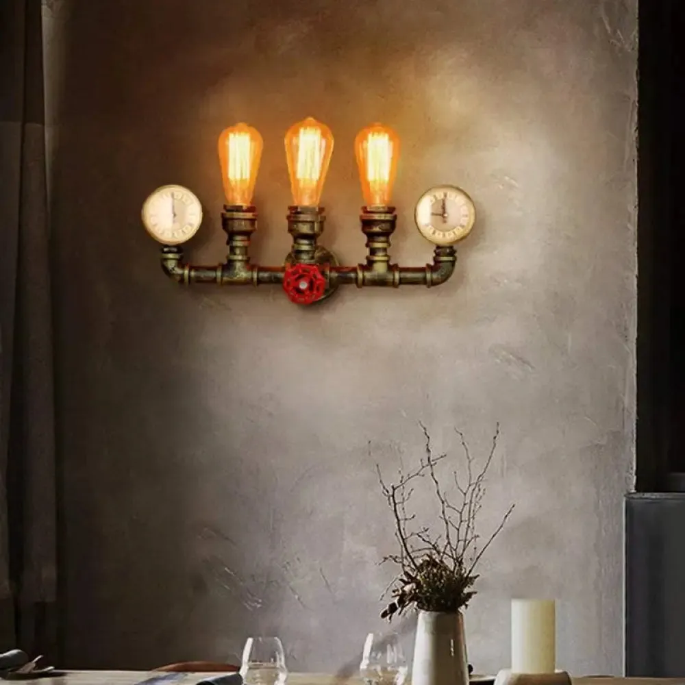 Industrial Wall Mount Light: Bronze Pipe Warehouse Style Iron 3-Light Dining Room Lamp with Pressure Gauge and Valve Deco