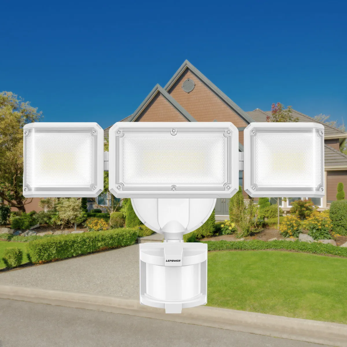 Lepower-tec Dusk To Dawn Flood Light with Motion Sensor & 3 Lighting Heads 45W 4800LM
