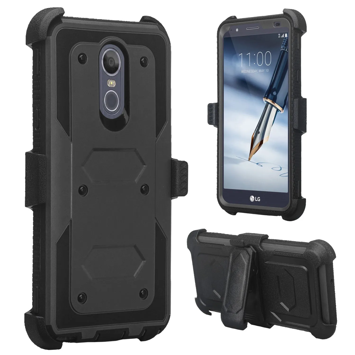 LG Stylo 4 Case, Stylo 4 Plus, Q StylusTriple Protection 3-1 w/ Built in Screen Protector Heavy Duty Holster Shell Combo Case - Black