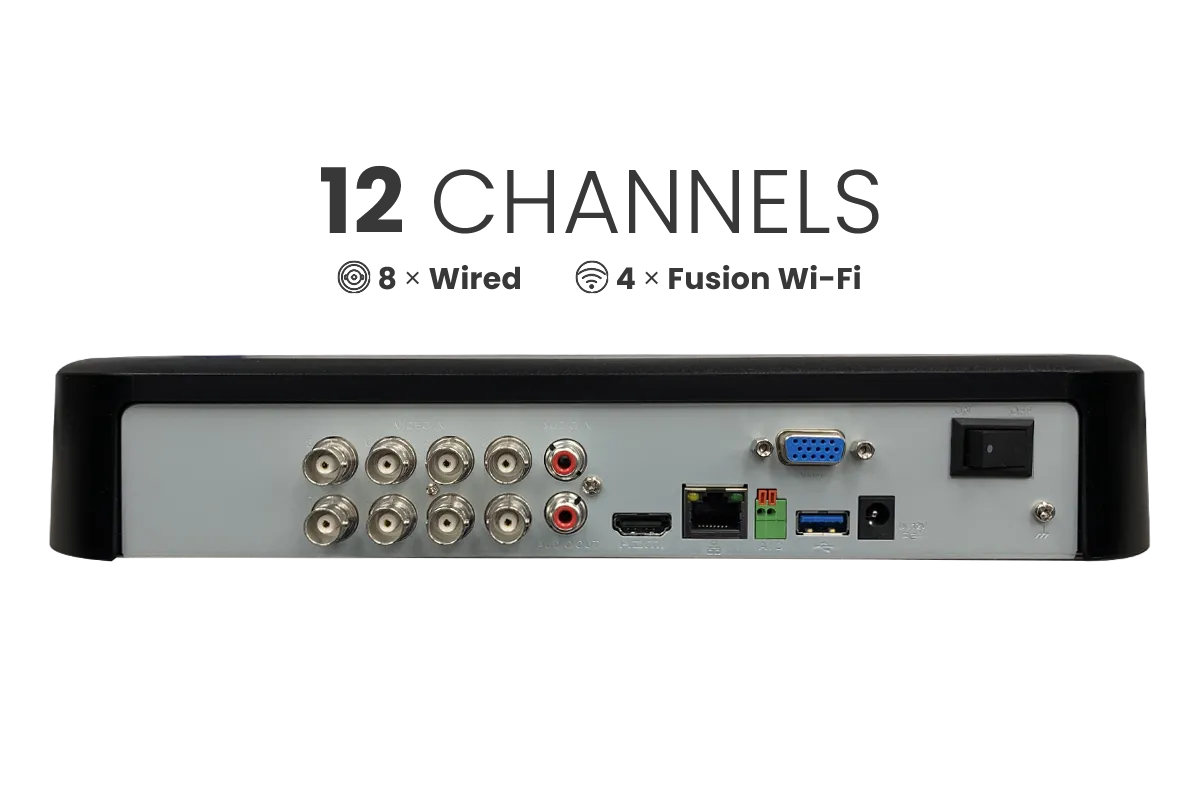 Lorex Fusion 4K 12-Channel 2TB Wired DVR System with 4 Smart Deterrence Cameras and One 2K Indoor Wi-Fi Camera