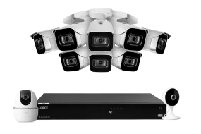 Lorex Fusion 4K (16 Camera Capable) 4TB Wired NVR System with 8 White IP Bullet Cameras, One 2K Pan-Tilt Indoor Wi-Fi Camera and One 2K Indoor Wi-Fi Camera