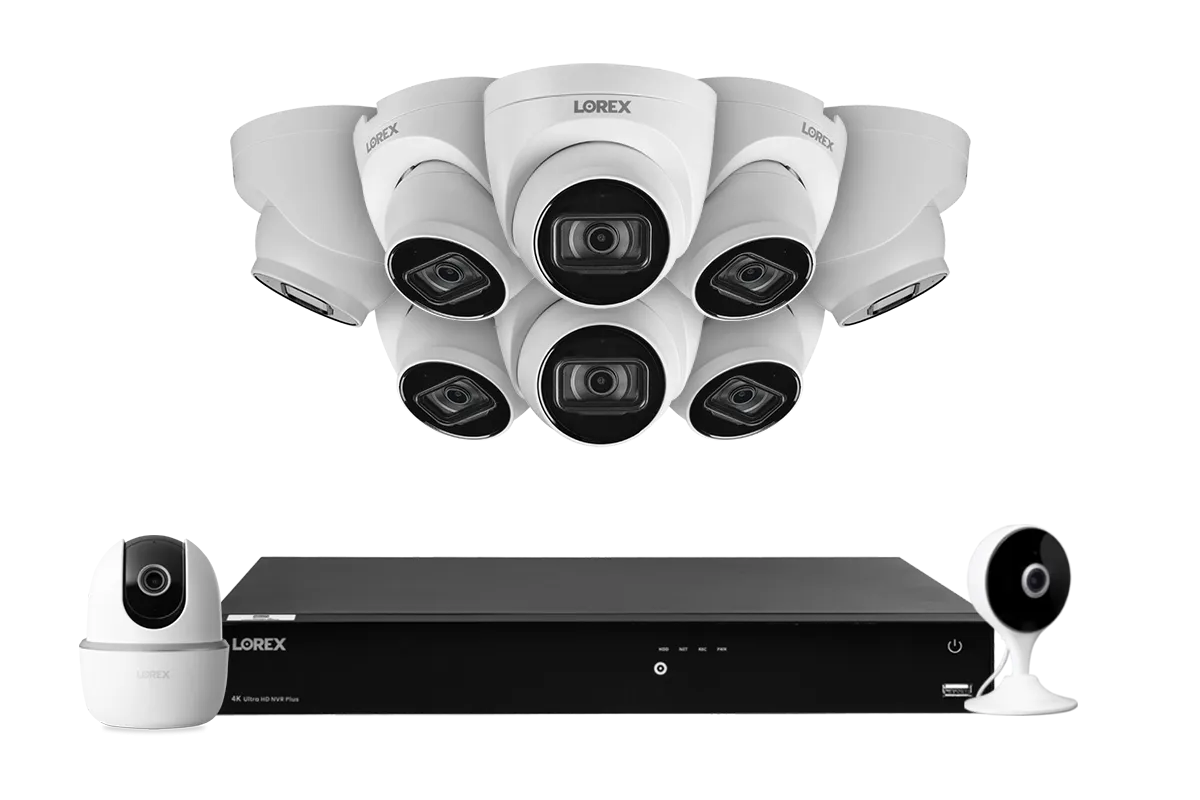 Lorex Fusion 4K (16 Camera Capable) 4TB Wired NVR System with 8 White IP Dome Cameras, One 2K Pan-Tilt Indoor Wi-Fi Camera and One 2K Indoor Wi-Fi Camera
