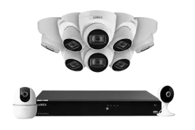 Lorex Fusion 4K (16 Camera Capable) 4TB Wired NVR System with 8 White IP Dome Cameras, One 2K Pan-Tilt Indoor Wi-Fi Camera and One 2K Indoor Wi-Fi Camera