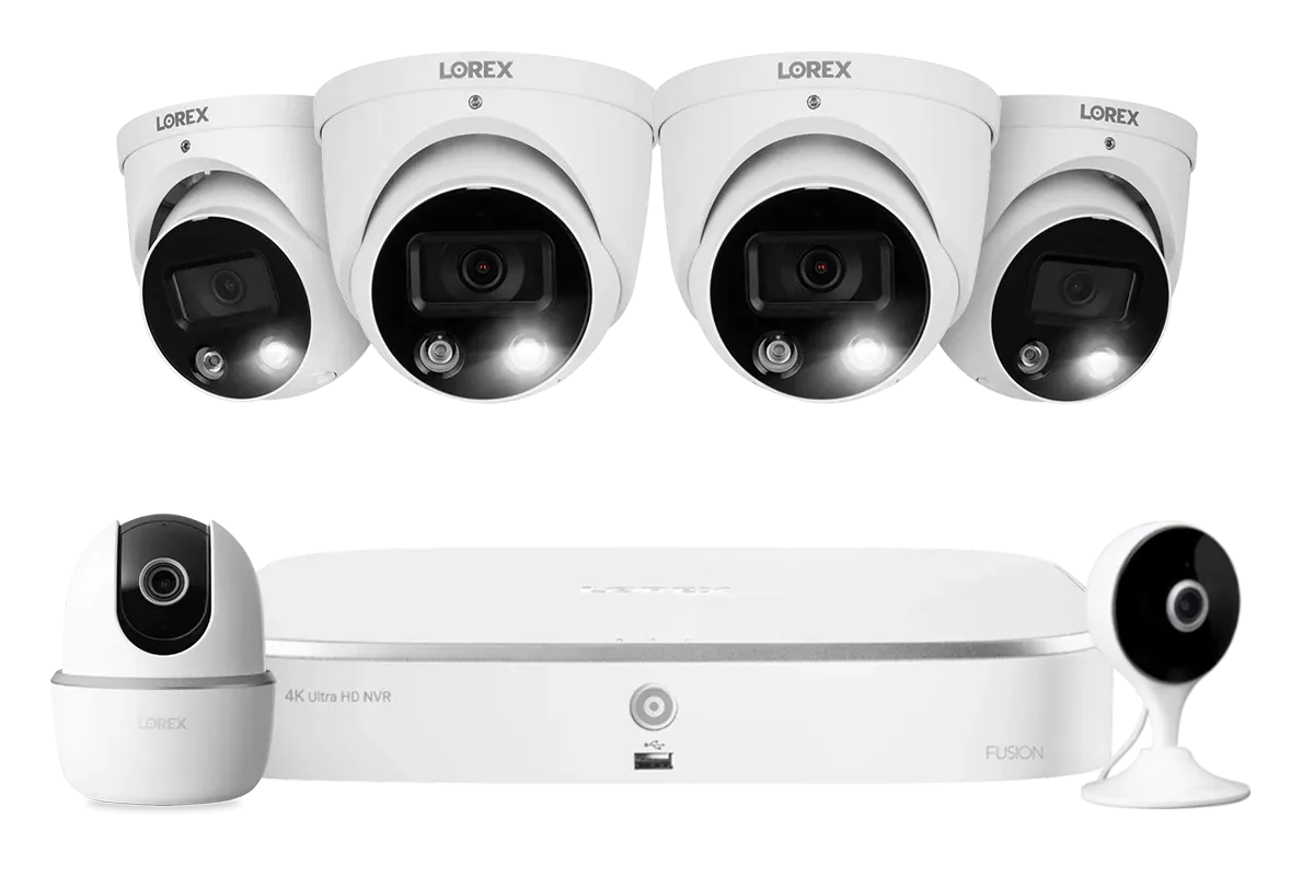 Lorex Fusion 4K 16 Camera Capable (8 Wired   8 Wi-Fi) 2TB NVR System with 4 Smart Deterrence Dome Cameras, One 2K Pan-Tilt Camera and One 2K Indoor Wi-Fi Camera