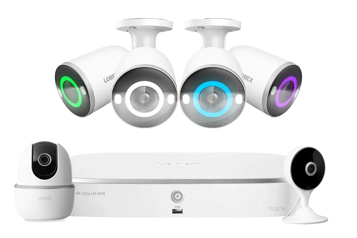 Lorex Fusion 4K 16 Camera Capable (8 Wired   8 Wi-Fi) 2TB NVR System with 4 Smart Security Lighting Bullet Cameras, One 2K Pan-Tilt Camera and One 2K Indoor Wi-Fi Camera