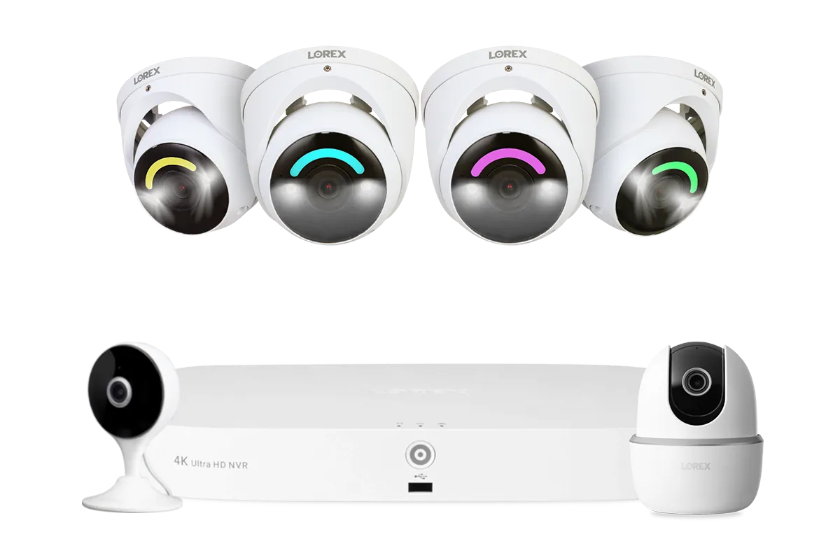 Lorex Fusion 4K 16 Camera Capable (8 Wired   8 Wi-Fi) 2TB NVR System with 4 Smart Security Lighting Dome Cameras, One 2K Pan-Tilt Camera, and One 2K Indoor Wi-Fi Camera