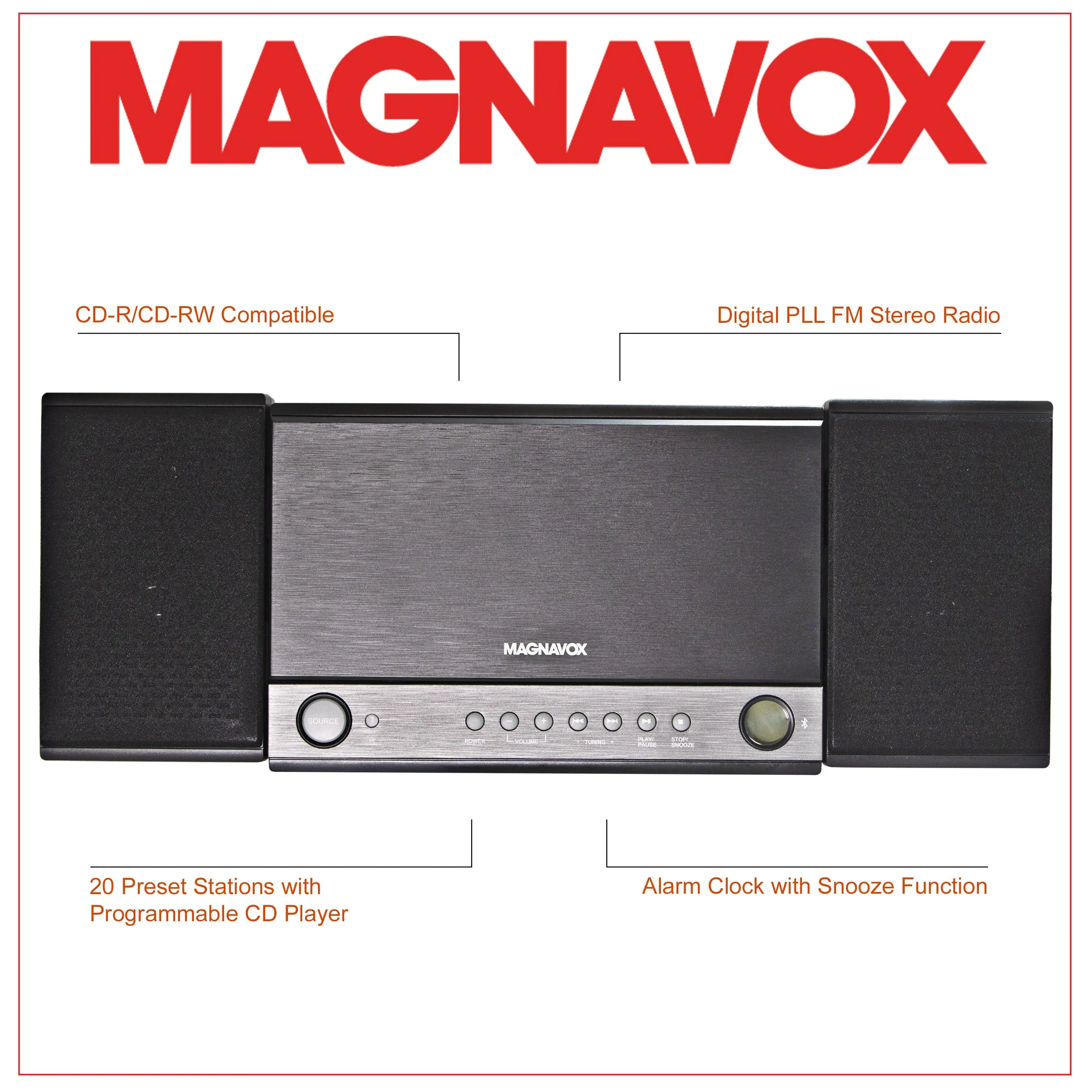 Magnavox MM444BT 3-Piece CD Shelf System with FM Radio and Bluetooth in Grey