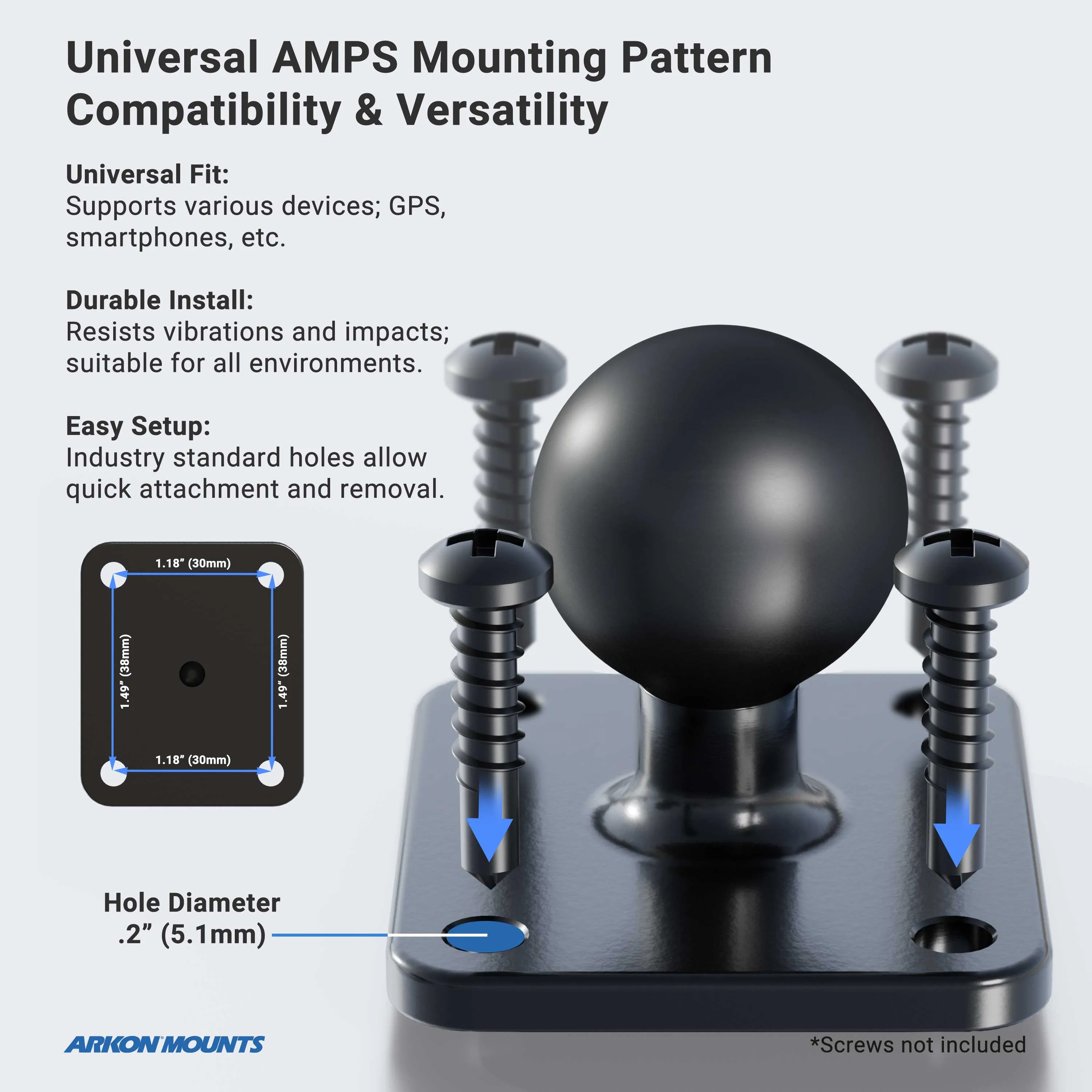 Metal 4-Hole AMPS to 25mm (1 inch) Rubber Ball Adapter