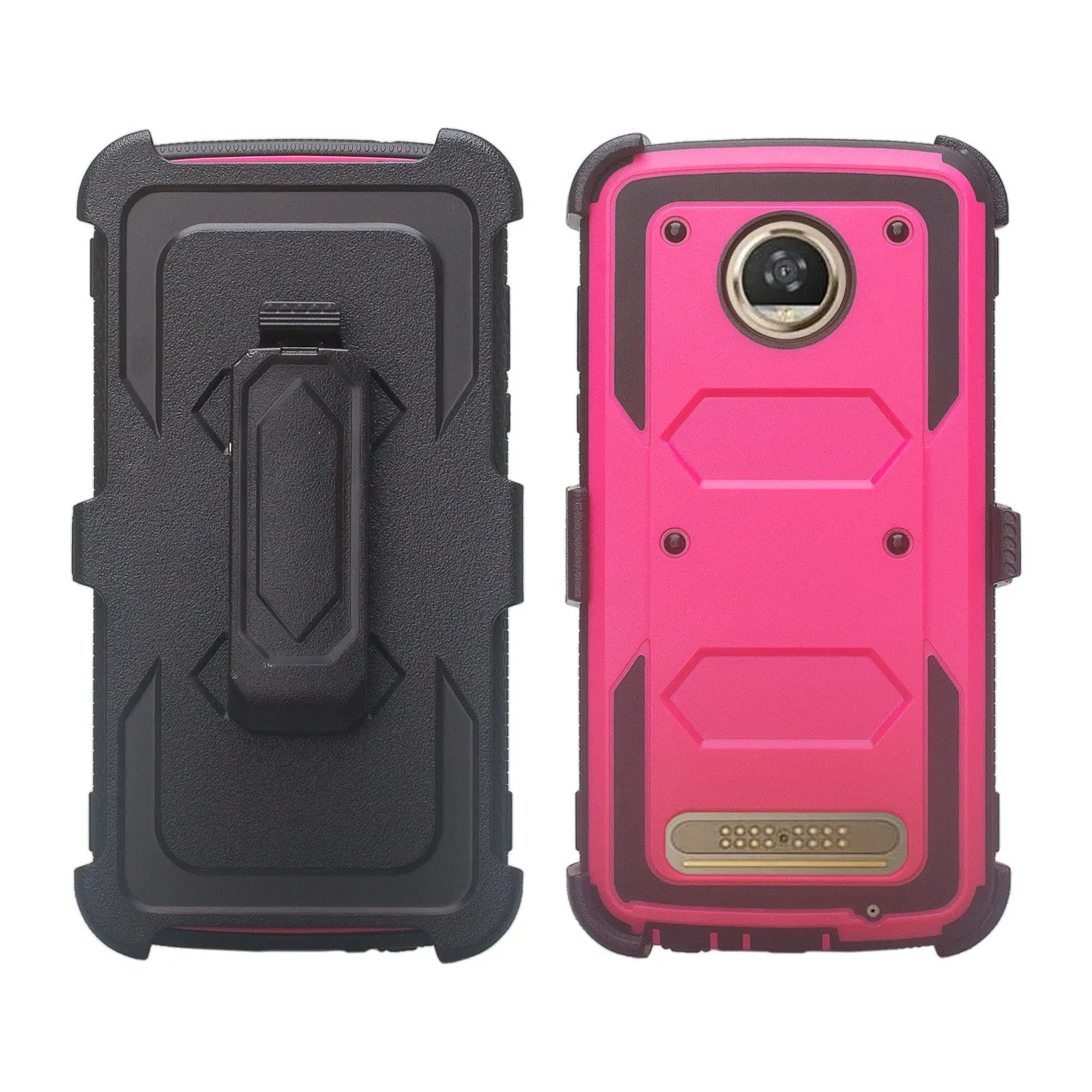 Motorola Moto Z2 Play Case,  Triple Protection 3-1 w/ Built in Screen Protector Heavy Duty Holster Shell Combo Case - Hot Pink