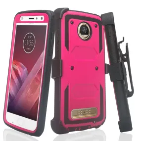 Motorola Moto Z2 Play Case,  Triple Protection 3-1 w/ Built in Screen Protector Heavy Duty Holster Shell Combo Case - Hot Pink